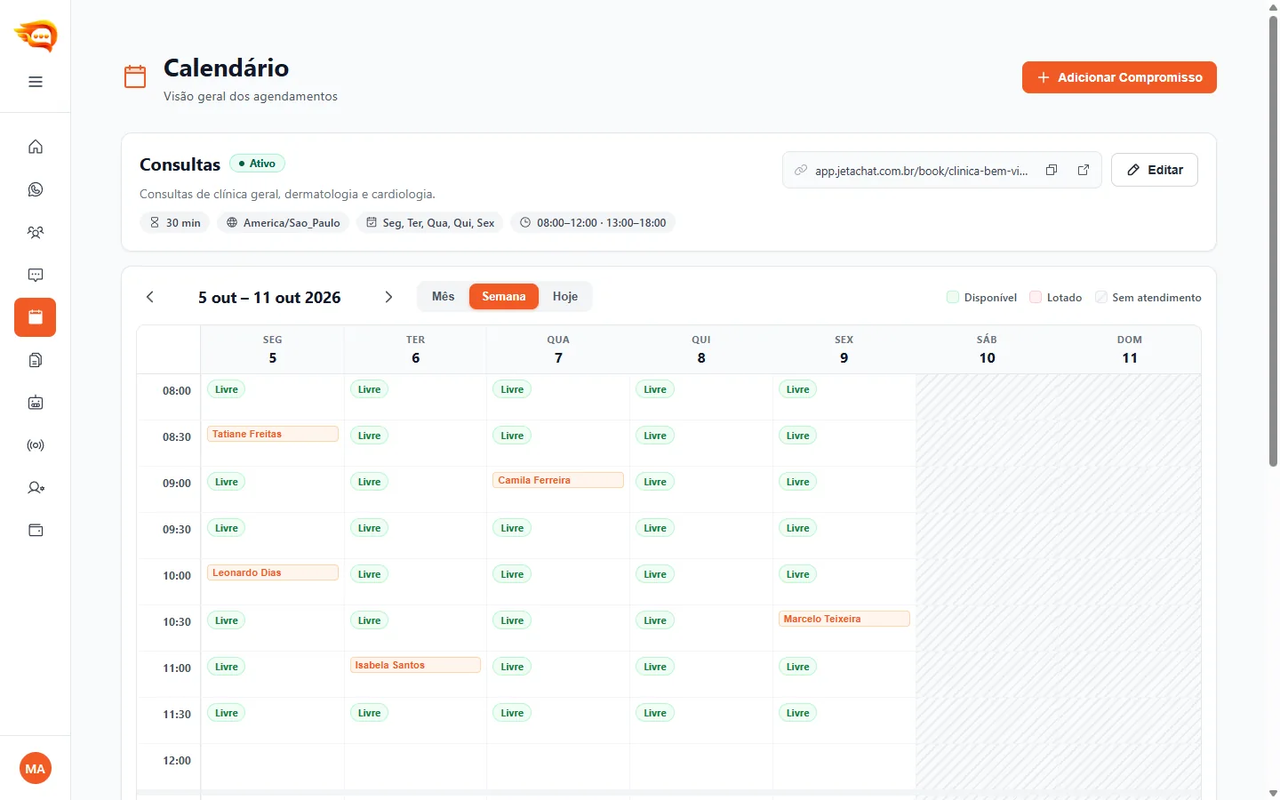 Agenda do JetaChat com os horários da semana marcados pela equipe e pelo assistente de IA