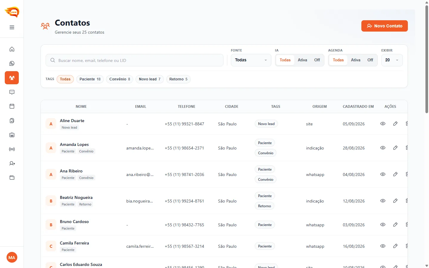 Lista de contatos do JetaChat com etiquetas de pacientes