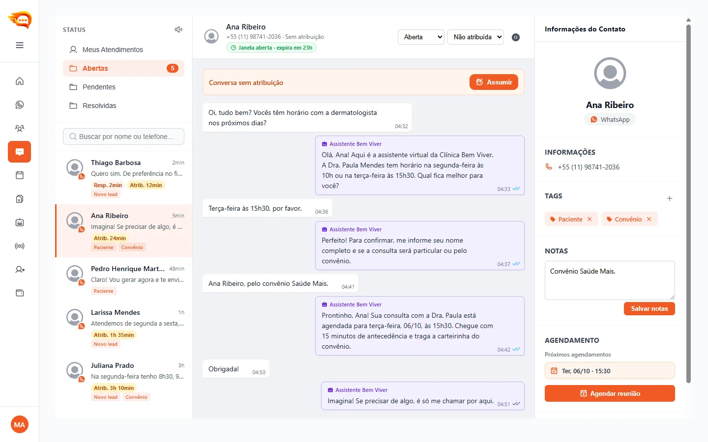 Caixa de entrada do JetaChat com conversas de pacientes atendidas pela recepção e pelo assistente de IA